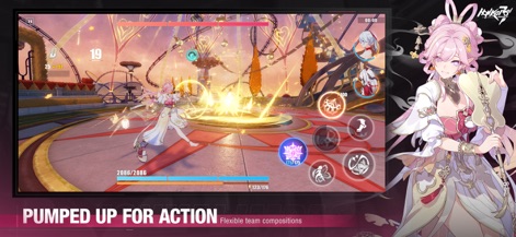Honkai Impact 3rd - La escena de combate vibrante exhibe efectos de explosión luminosos que llenan la pantalla y un personaje femenino con un diseño de vestuario rosa y blanco muy elaborado.