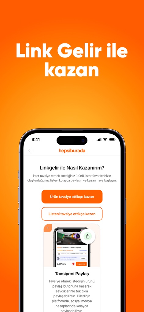 Hepsiburada: Online Shopping - See how the app empowers users to earn through its 'Link Income' program, featuring intuitive buttons for recommending products and lists to their network.