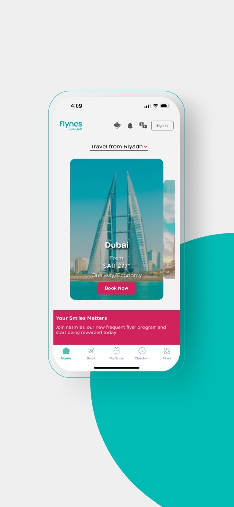 flynas طيران ناس - Die App präsentiert auf der Startseite übersichtlich beliebte Flugziele, wie die Flugbuchungskarte für Dubai, und bietet eine intuitive Navigationsleiste für schnellen Zugriff auf alle Funktionen.