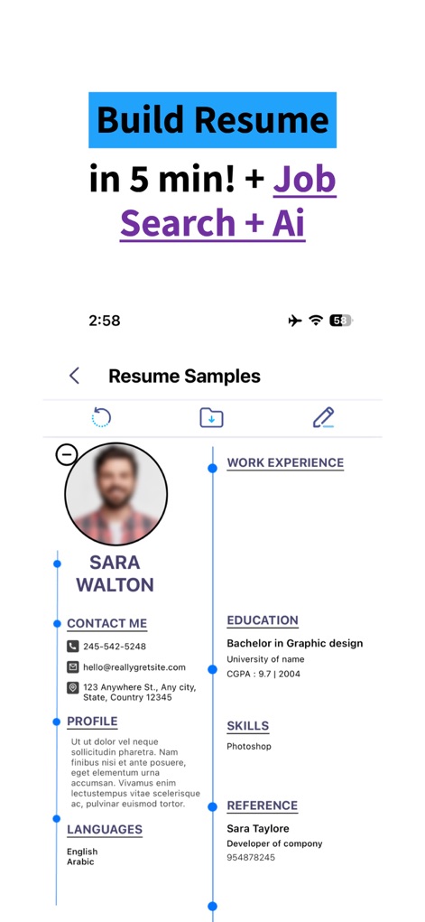 ResuME Maker - CV Jobs Builder - L'app offre un'interfaccia chiara per la creazione di CV, evidenziando sezioni cruciali come le informazioni di contatto e l'esperienza lavorativa, con funzionalità di ricerca lavoro e AI integrate.