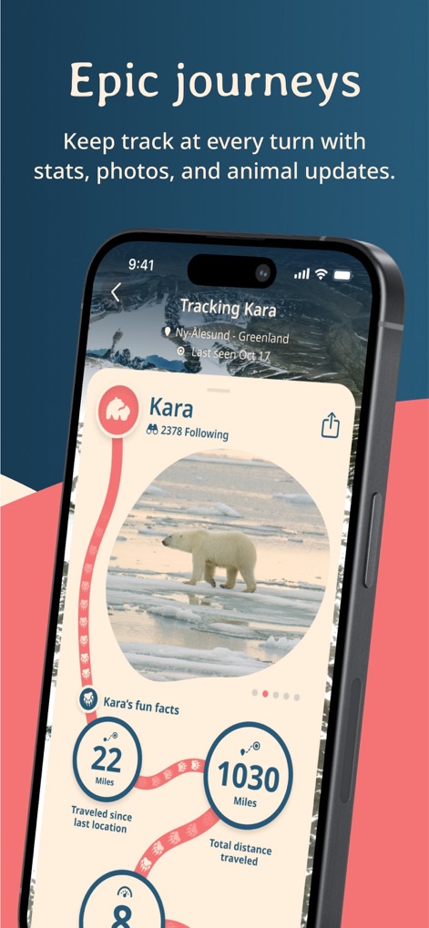 Fahlo Animal Tracker - Gli utenti possono seguire i "Viaggi Epici" degli animali, come dimostrato per l'orso polare Kara, visualizzando statistiche dettagliate come "22 Miles" (distanza dall'ultima posizione) e il "1030 Miles" (distanza totale percorsa).