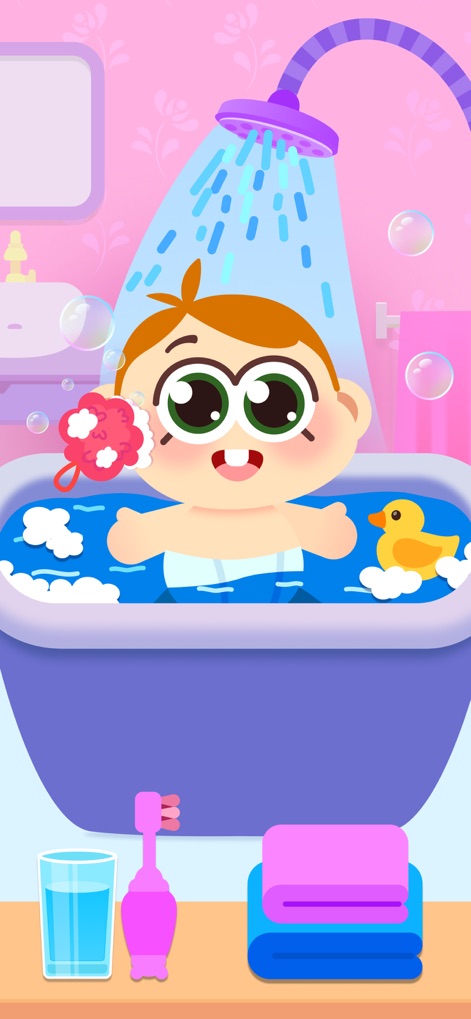 Mother Simulator - Baby Care - Users can explore the joy of baby hygiene, with visuals of a baby happily splashing in a bathtub and a cute rubber duck.