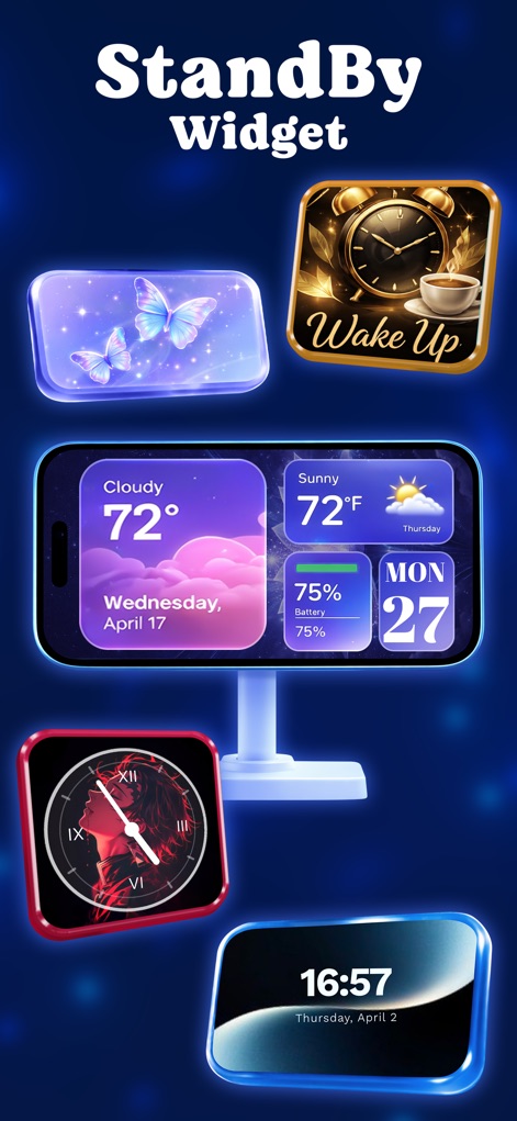 10000+ Wallpapers & Themes - This section demonstrates the app's versatility for StandBy mode, featuring dynamic widgets like the comprehensive weather forecast and the elegant digital clock for passive viewing.