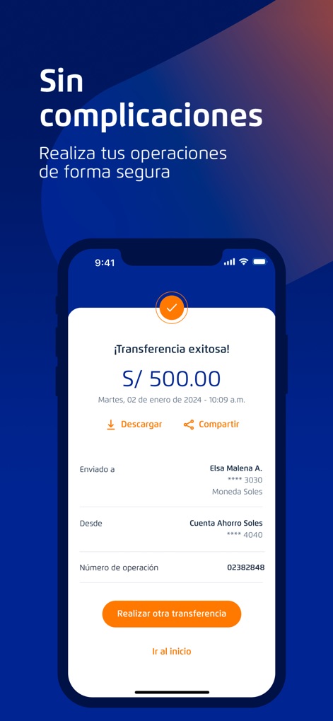 Banca Móvil BCP - Every successful operation is affirmed with clear details, allowing users to "Descargar" receipts or quickly "Realizar otra transferencia" with confidence.