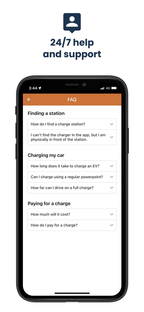 Chargefox: EV Charging Network - L'app garantisce supporto continuo, offrendo una sezione FAQ ben organizzata con risposte a domande comuni su "Finding a station" e "Paying for a charge", accessibile in qualsiasi momento.