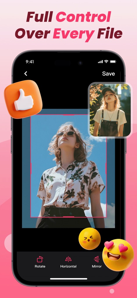 PDF Editor Reader - Questo screenshot dimostra le capacità di modifica delle immagini, con strumenti visibili come 'Rotate' e 'Horizontal' per un controllo preciso, offrendo agli utenti piena gestione visiva prima della conversione in PDF.