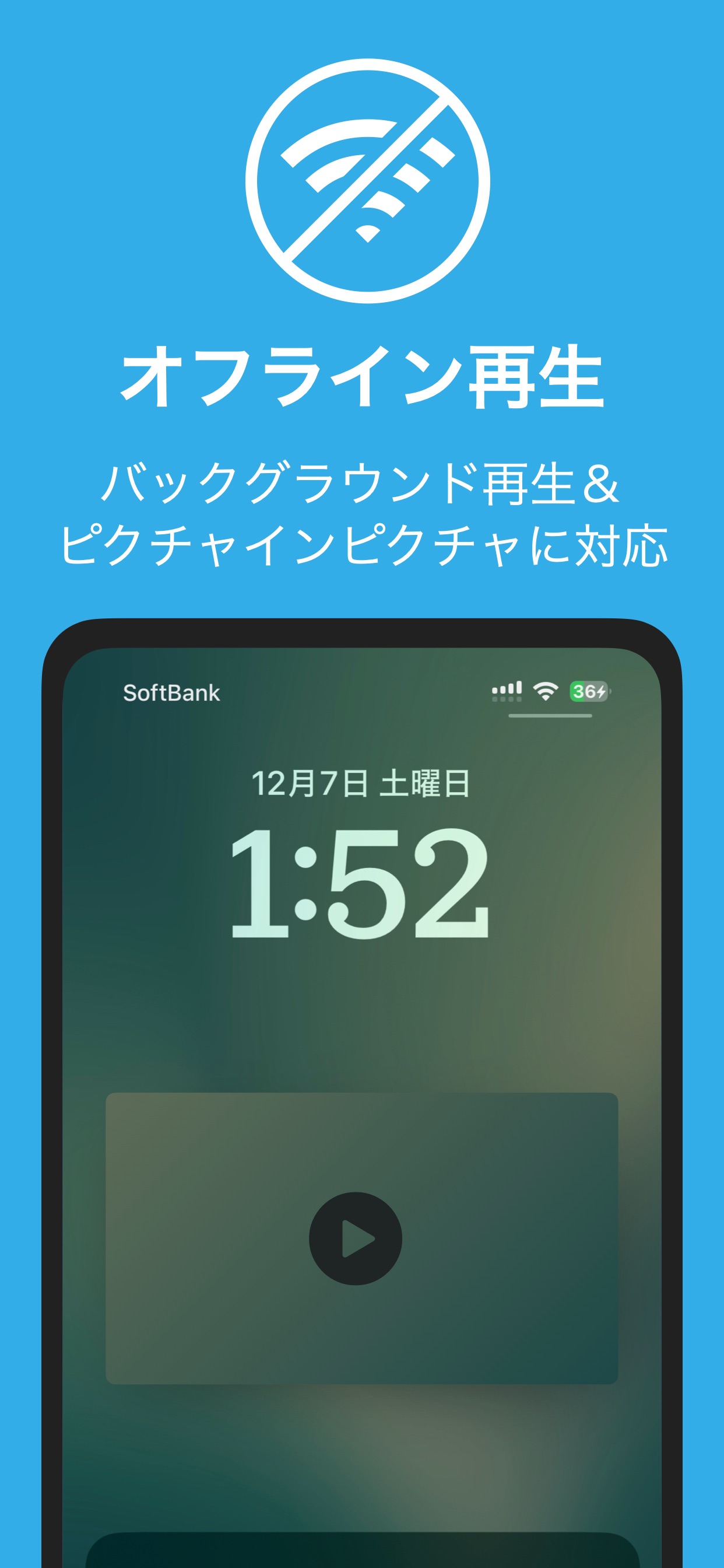 オフライン再生 / バックグラウンド再生＆ピクチャインピクチャに対応 / 12月7日 土曜日 / 1:52