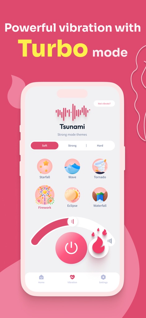 Vibrator: Strong Vibration App - This screenshot displays the app's 'Turbo mode' for enhanced power and an extensive selection of 'vibration patterns' like 'Tsunami' with varying intensities.