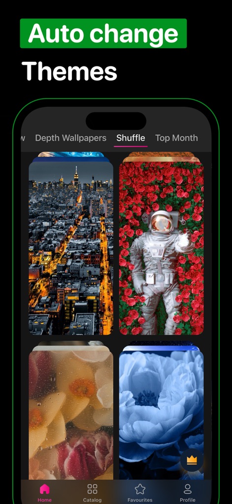 WallpX iPhone Wallpapers 17 4K - The app demonstrates its automatic shuffle packs, which allow users to refresh their lock screen with diverse themes, including cityscapes and artistic representations.