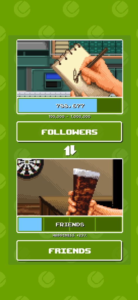 Retro Slam Tennis - Manage social media followers with a detailed counter and build relationships with friends, enhancing happiness stats.