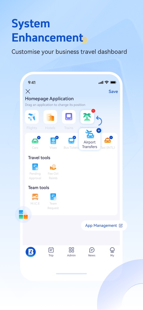 BizTravel-TMC experts - See how users can customize their business travel dashboard by dragging and dropping applications like Airport Transfers and managing various travel tools.