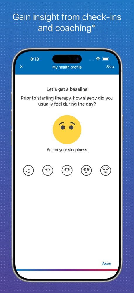 myAir™ by Resmed App Store screenshot 5, headline “Gain insight from check-ins and coaching*”. Leads with an outcome.