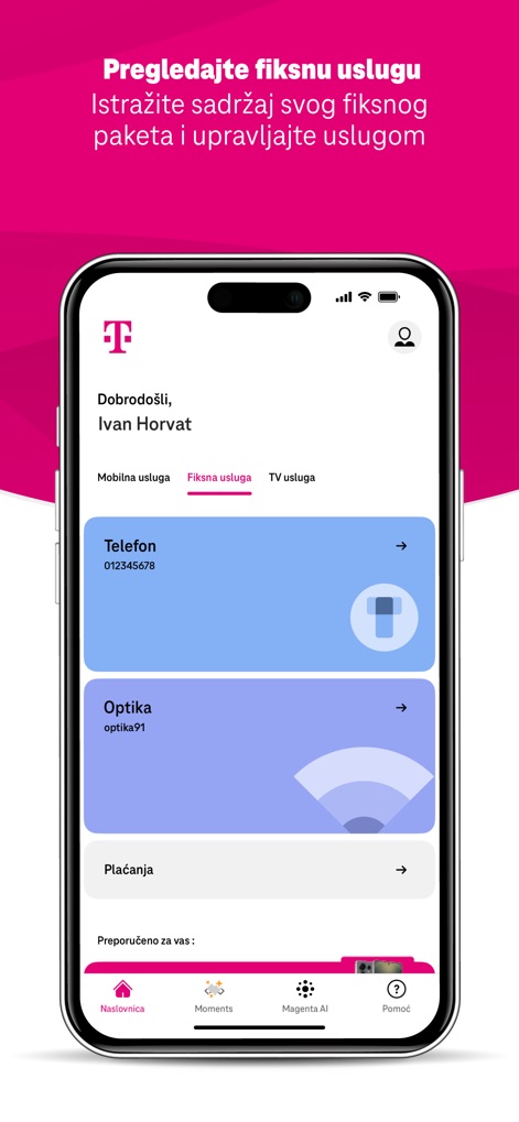 Telekom ME - Dieses Interface ermöglicht es den Nutzern, ihre Festnetz-Dienste zu überprüfen und spezifische Informationen wie die Telefonnummer und den Status der Glasfaser-Internetdienste einzusehen.