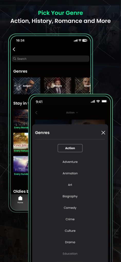 tabii - Die App ermöglicht eine intuitive Filterung nach Genres mittels eines Dropdown-Menüs und präsentiert eine breite Palette von Kategorien wie „Action“ und „Drama“.