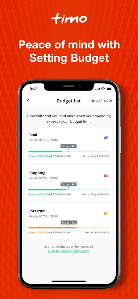 Timo Digital Bank by BVBank - This view illustrates the app's robust budgeting features, allowing users to set specific financial limits for categories like Food and Shopping, and track their spending against these predefined budgets.