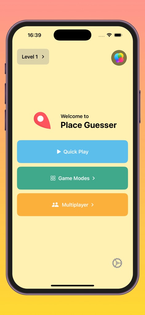 Place Guesser - The app's intuitive interface features prominent 'Quick Play' and 'Game Modes' buttons for immediate access to diverse challenges.