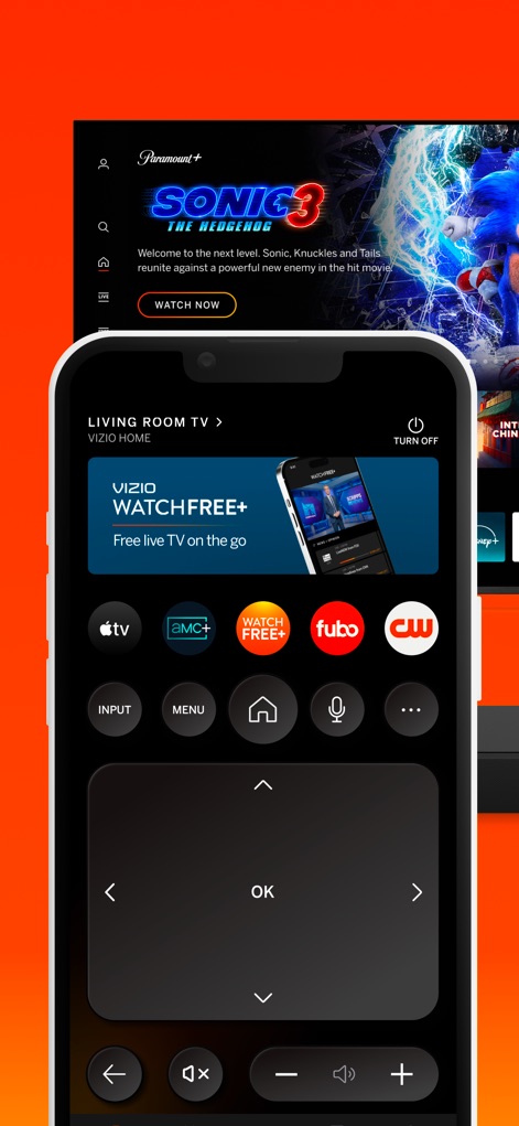 VIZIO | WatchFree+ - Cet outil offre une interface de télécommande universelle pour la TV, intégrant des raccourcis d'applications de streaming pour un accès rapide aux contenus.