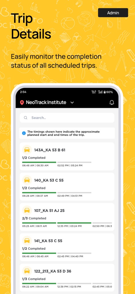 NeoTrack - School Bus Tracking - 管理者は各運行の進捗バーと、予定された開始時刻および終了時刻をリスト形式で確認し、完了状況も視覚的に把握できます。
