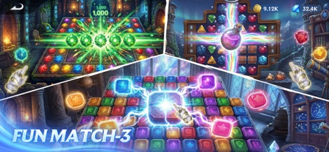 Puzzles & Conquest - Discover the app's innovative match-3 boards, featuring varied layouts and vibrant gem combinations for endless fun.
