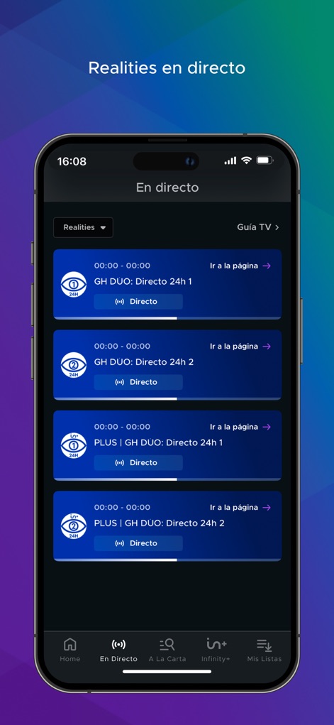 Mediaset Infinity España - Experience continuous live reality coverage, such as multiple 24-hour streams for 'GH DÚO', directly within the app's dedicated live section.