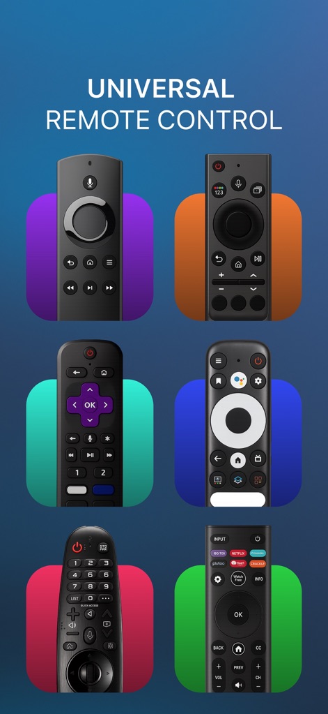 TV Remote | Universal Control - 이 앱은 다양한 리모컨 디자인을 통해 주요 스마트 TV 브랜드와의 광범위한 호환성을 시각적으로 강조합니다.