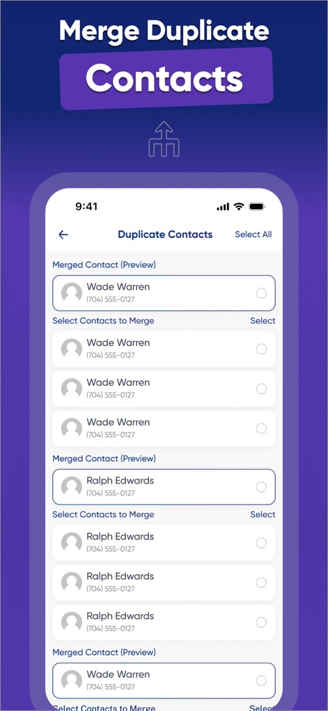Cleaner ・Phone Storage Cleanup - This tool helps users organize their contacts by identifying duplicate entries and providing "Merged Contact (Preview)" sections for easy review and consolidation.