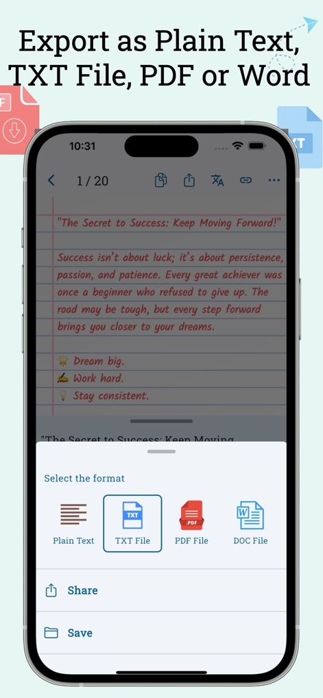 AI Scanner : Image to Text - Understand the versatile export capabilities, allowing users to save extracted text as a "TXT File" or "PDF File" from a convenient selection menu.