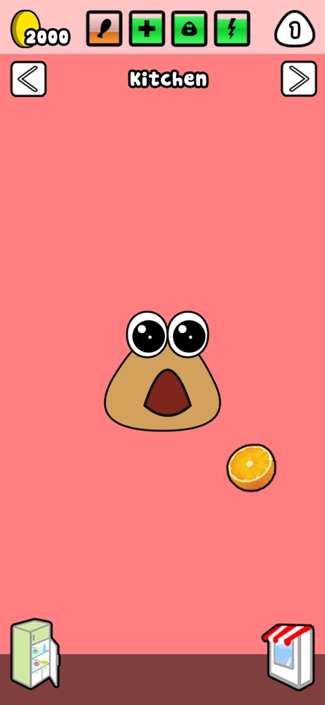 Pou - Discover the kitchen environment and how users can feed their Pou with delicious treats like oranges, managing supplies from the refrigerator and shop.