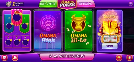Omaha Poker™- Unlimited Play - 사용자는 '오마하 하이' 및 '오마하 하이-로우'와 같은 다양한 포커 모드를 쉽게 선택할 수 있으며, 친구들과 함께 플레이할 수 있는 옵션도 제공됩니다.
