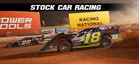 Stock Car Racing - Experience the raw thrill of dirt track action, showcasing realistic racing physics and vibrant trackside advertising banners enhancing the immersive environment.