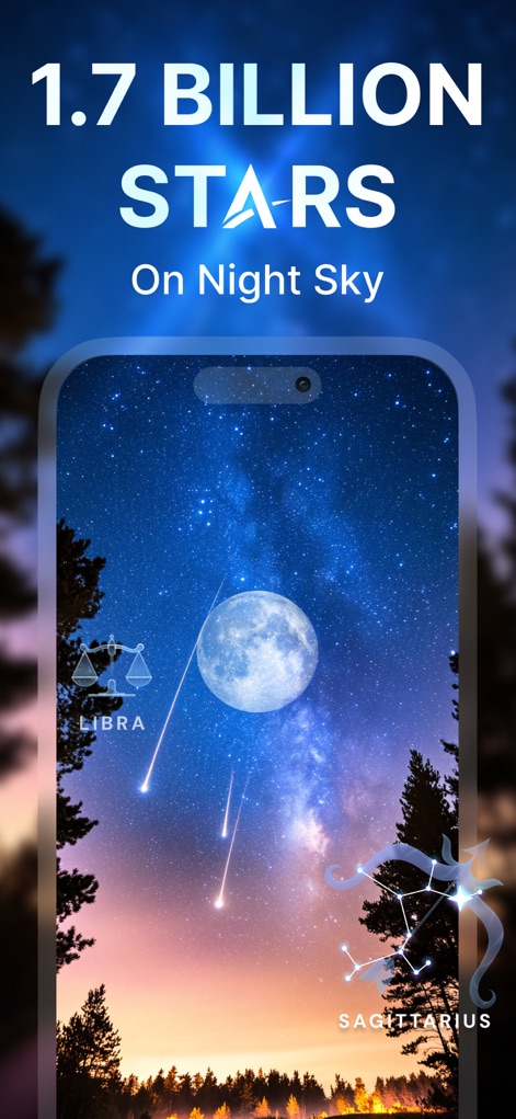 Star Gazer - Live Sky View Map - The app showcases a stunning night sky view, prominently featuring well-known constellations like Libra and Sagittarius alongside dynamic shooting stars.