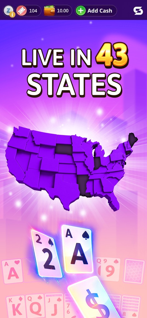 Solitaire Skillz - Win Cash - Esta imagen resalta la disponibilidad de la aplicación al mostrar un mapa de EE. UU. con 43 estados resaltados y el texto 'LIVE IN 43 STATES', indicando su alcance geográfico y la accesibilidad para los jugadores.