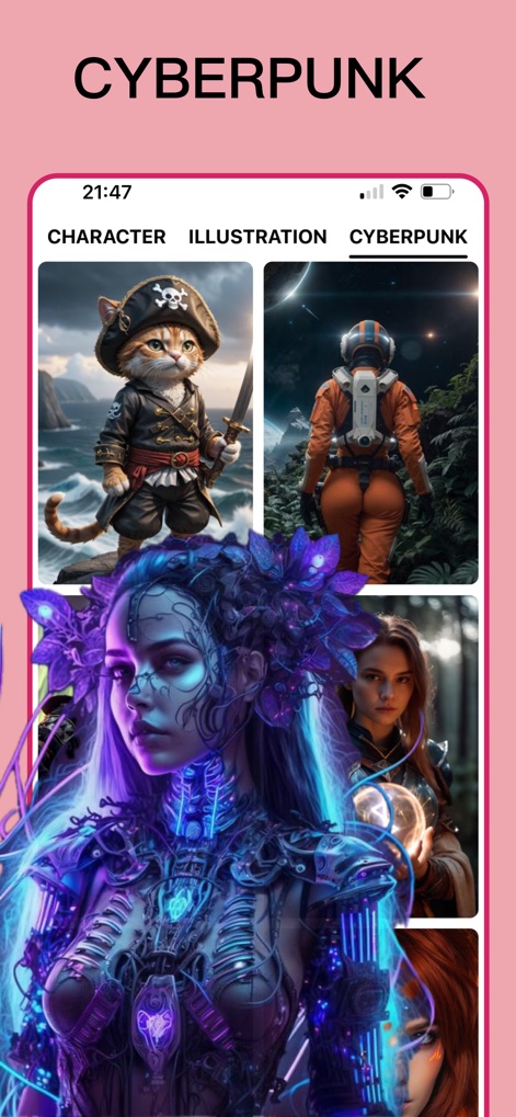 AIArt - AI Picture Generator - Los usuarios pueden explorar la estética futurista y audaz del estilo Cyberpunk, visible en los complejos diseños de personajes y las opciones de categoría como "CYBERPUNK" e "ILLUSTRATION".