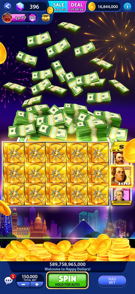 Cash Billionaire casino games - Players are immersed in a showering of riches with flying stacks of banknotes and a grid of secure gold safe deposit boxes, set against a glamorous city skyline.