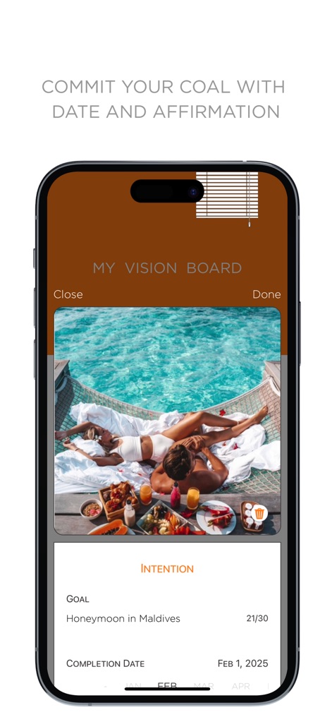 Vision Board 2027 - Dieses Tool erlaubt die detaillierte Zieldefinition für jede Vision, inklusive einer klaren Intention und der Festlegung eines Fertigstellungsdatums, um die Manifestation zu planen.