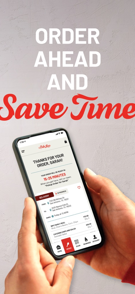 El Pollo Loco - Loco Rewards - The app provides clear order confirmations, including a personalized "THANKS FOR YOUR ORDER, SARAH!" message and an estimated "15-20 MINUTES" wait time.