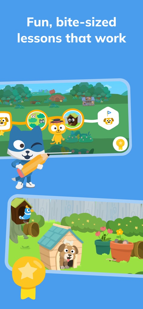 Learn Spanish – Studycat - This screenshot illustrates the app's progressive learning path with distinct character icons guiding users through lessons and celebratory reward badges for completion.