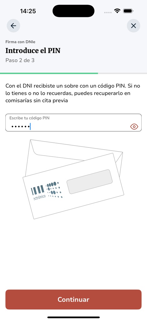 Autofirma App - The app prompts for the DNIe PIN, providing a secure masked input field and an illustrative envelope to recall the PIN's origin.