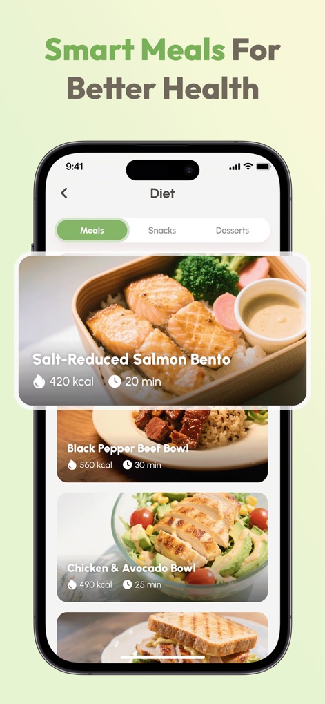 Blood Pressure Tracker+:AI Log - Users can explore a curated collection of healthy recipes, categorized into meals, snacks, and desserts, complete with calorie counts and preparation time estimates.