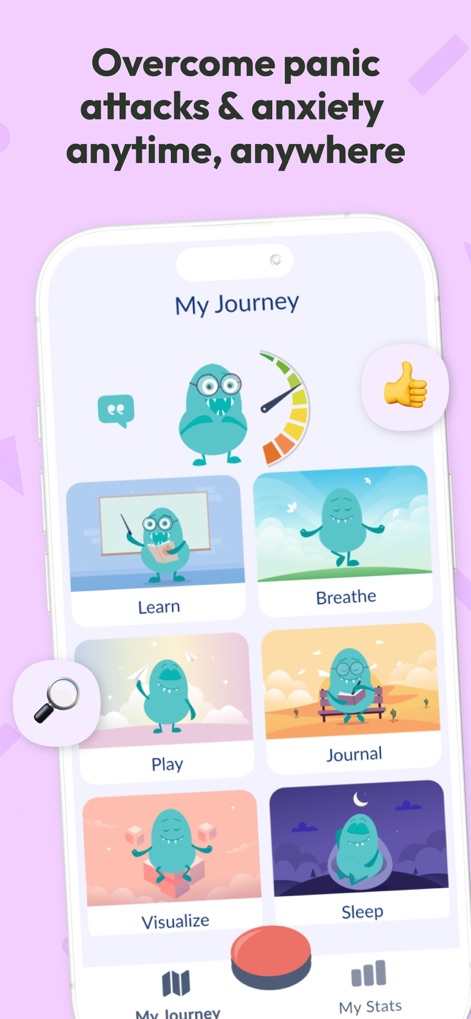 Rootd: Panic Attacks & Anxiety - A tela "My Journey" organiza as ferramentas em módulos como "Learn" e "Sleep", enquanto um medidor de progresso e um botão de pânico visível oferecem um guia claro para o bem-estar.