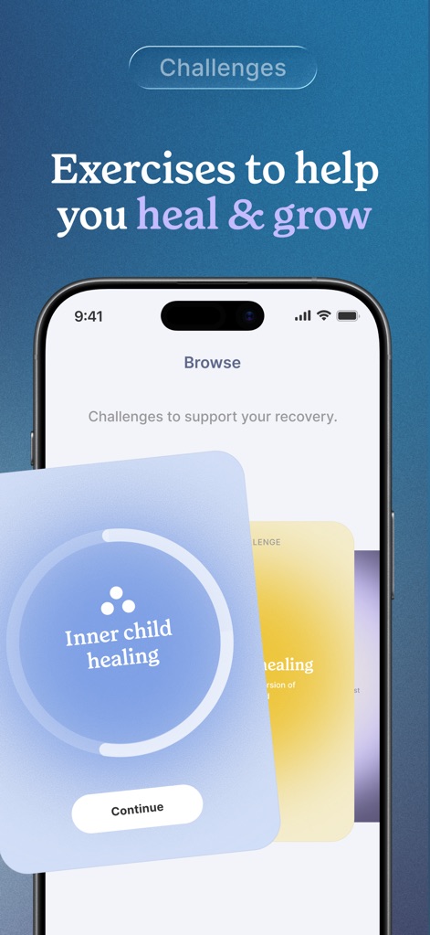 No Contact Tracker Pro - Review the "Challenges" section, featuring structured programs such as "Inner child healing" and a browse interface for personal growth exercises.