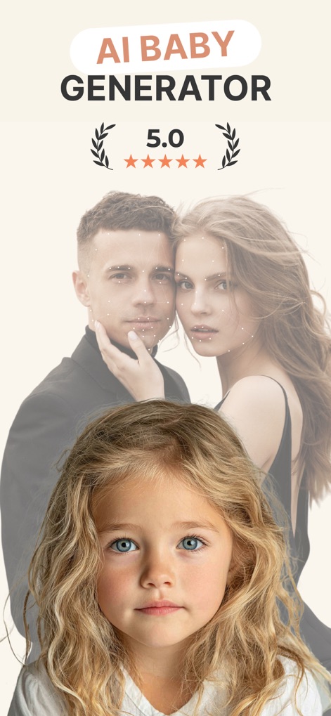 Future Baby Generator・AI Face - L'application met en avant son nom distinctif "AI BABY GENERATOR" et présente un enfant généré de manière réaliste, avec les repères du système de reconnaissance faciale sur les visages des parents.