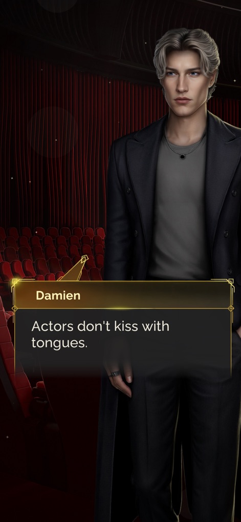 Seven Hearts Stories - Delve into the interactive storytelling experience where character 'Damien' delivers memorable lines like 'Actors don't kiss with tongues', furthering the plot amidst a dramatic theatre scene.
