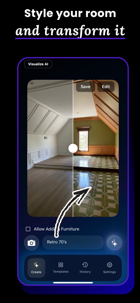Visualize AI: Interior Design - Les utilisateurs peuvent facilement glisser le 'slider' pour comparer le style original et la proposition 'Retro 70's', illustrant la fonctionnalité de prévisualisation instantanée et la sélection de styles.