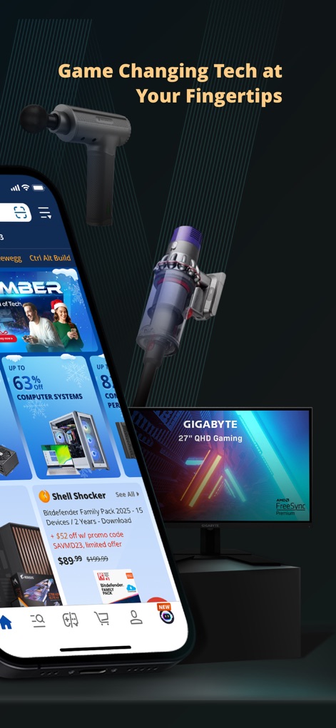 Newegg - Tech Shopping Online - 사용자는 "Shell Shocker"와 같은 특별 할인을 통해 다양한 기술 제품을 탐색할 수 있으며, 앱 하단 탐색 메뉴에서 다양한 기능을 손쉽게 이용할 수 있습니다.