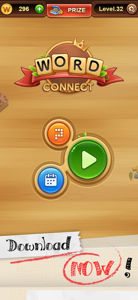 Word Connect ¤ - La pantalla de inicio de la aplicación presenta el atractivo título "WORD CONNECT" con una corona, sobre un fondo de textura de madera que evoca nostalgia. El gran botón verde de "Play" invita directamente a los usuarios a sumergirse en la experiencia de juego.