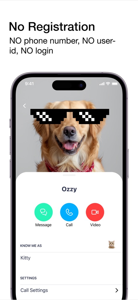 Skred Messenger - Users can establish connections instantly with unique contact profiles like "Ozzy" and manage their identity with the "Know me as Kitty" feature, highlighting the app's zero-registration approach.