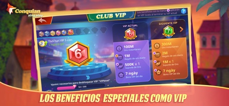ZingPlay - Conquian - Esta sección muestra los niveles y los privilegios VIP, donde los usuarios pueden observar el "Oro instantáneo" y los "Bonos extra" que obtienen al unirse.