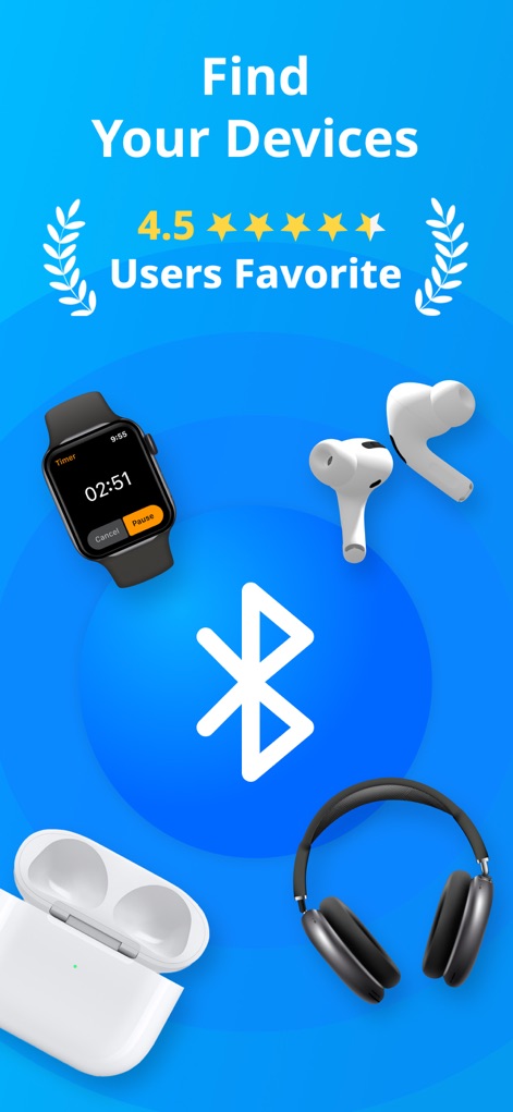 Find Air - My Device Tracker - The app offers a comprehensive solution for locating a wide array of Bluetooth devices, prominently featuring the iconic Bluetooth logo and showcasing popular Apple devices like AirPods and Apple Watch.