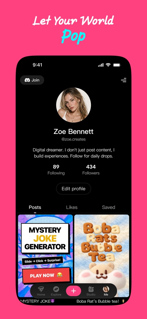 Loopit - Make playables - View a creator's personalized profile page, complete with their bio and follower count, alongside a gallery of their unique playables like the "Mystery Joke Generator."